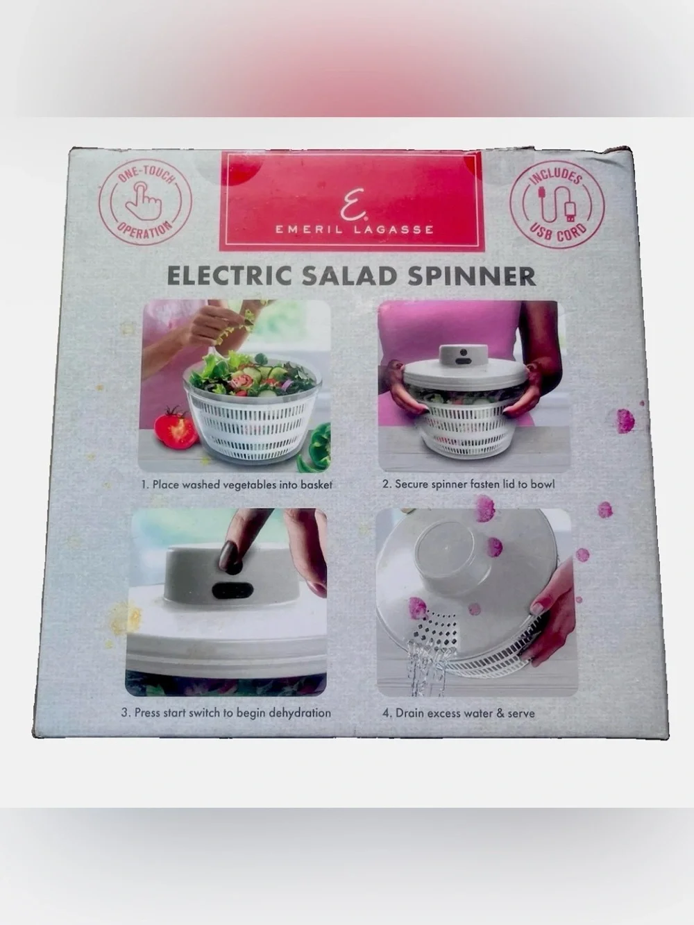 Emeril Lagasse Electric Salad Spinner 4.2 Qt USB Rechargeable One Touch New